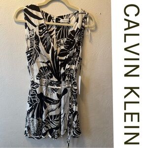 Calvin Klein Black & White Feminine Tropical Leaf Wrap Romper Dress Size 10 NWT